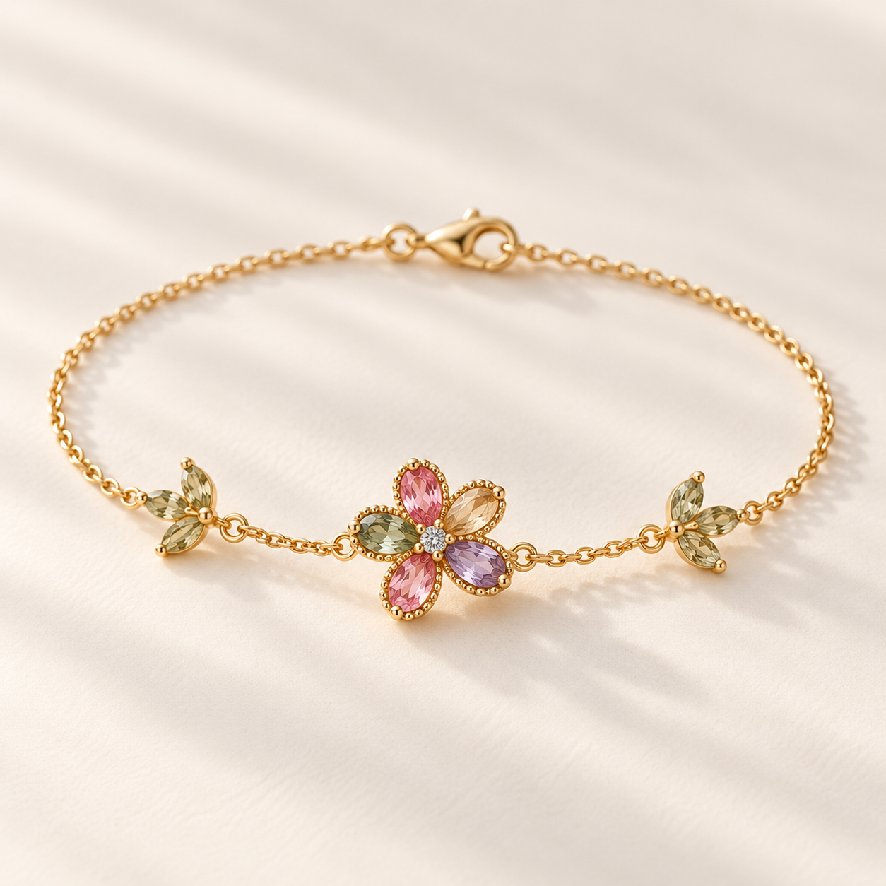 Rosée, proposition de bracelet avec une fleur pastel et de petites feuilles