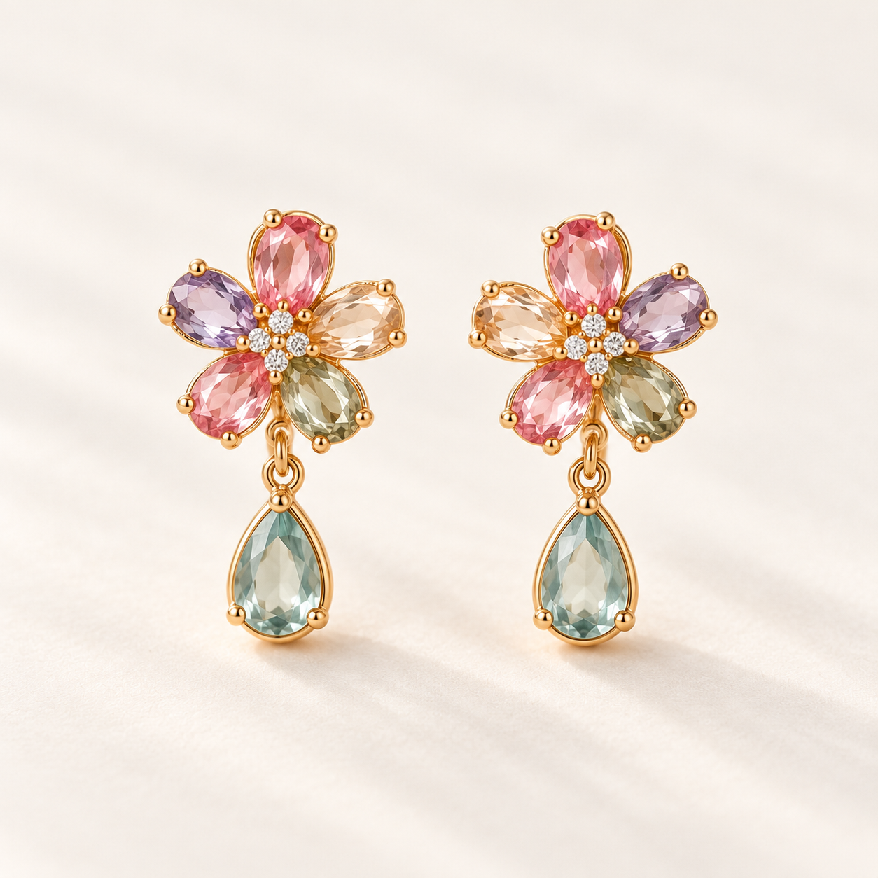 Pétales, proposition de boucles d’oreilles fleurs avec une goutte bleu-vert