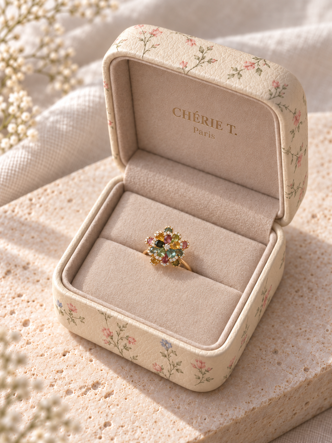 La bague fleur dans son écrin botanique Chérie T. Paris