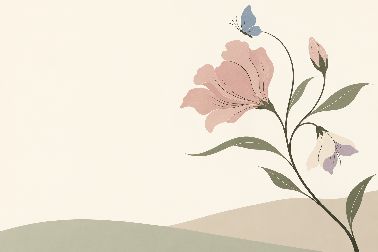 Une tige souple, des fleurs rose poudré et lilas, et un papillon bleu sur un fond ivoire et sauge.
